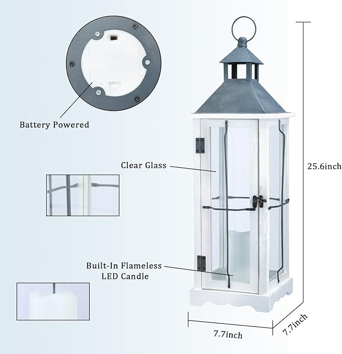 Bdor 2 Pack 26in Farmhouse White Waterproof Wood Metal Decorative Lanterns with Remote Control, Timer, Tempered Glass, Flameless Pillar Candles, Decorative Lanterns for Front Porch, Wedding