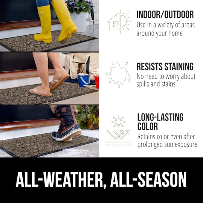 GORILLA GRIP 100% Waterproof All-Season WeatherMax Doormat US Designed Natural Rubber, Stain and Fade Resistant, Low Profile Indoor Outdoor Door Mats, Easy Clean Patio Mat, 17x29, Latte Quatrefoil