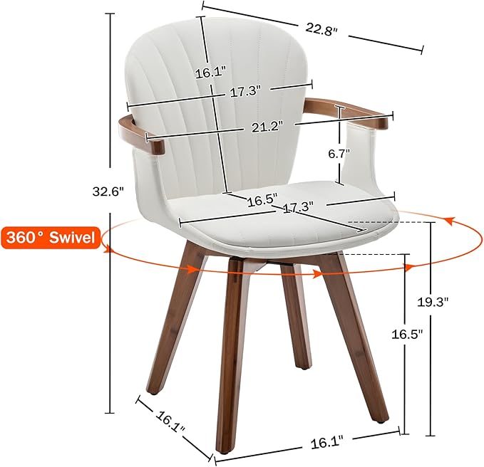 LUNLING Swivel Dining Chairs Set of 4, Mid Century Modern White Faux Leather Kitchen Chairs with Arms,Bamboo Legs Side Chairs No Wheels,Accent Chair for Dining Rooms and Offices