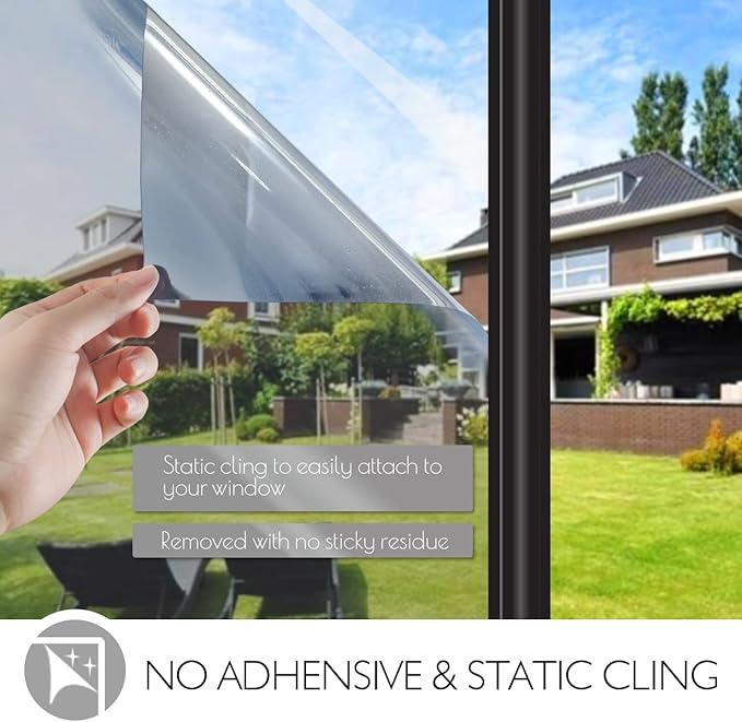 HIDBEA One Way Mirror Window Film Daytime Privacy, Reflective Window Tint for Home, Heat Control UV Blocking, Non-Adhesive Self Static Cling Window Sticker (Silver, 35.4 Inch x 32.8 Feet)