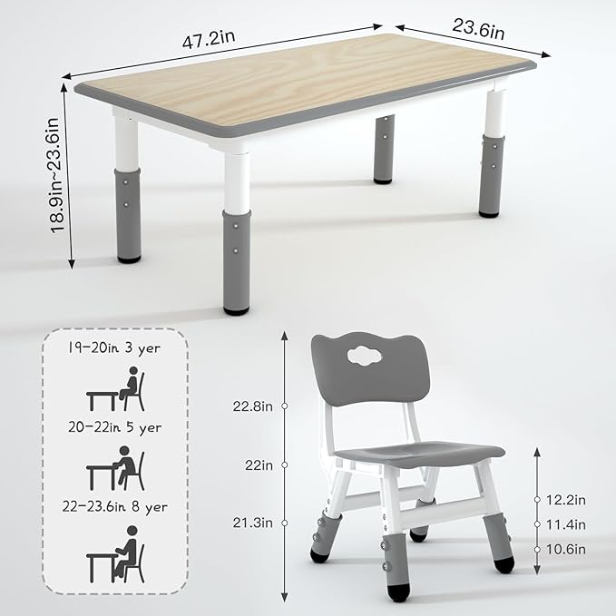 Kids Study Table and 6 Chairs Set,Height Adjustable Table and Chairs for Children and Toddlers,47.2"X23.6"Graffiti Desktop,Suitable for Daycare,Classrooms, Home