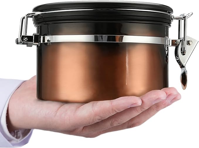 malmo Coffee Canister, Airtight Coffee Container with Date Tracker Lid, Stainless Steel Canister for Kitchen Food Storage (Black-Copper, 9oz)