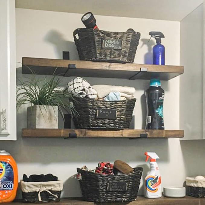 Rustic Shelves with J-Brackets Set of 2, Industrial Shelf, Kitchen Shelves, Solid Wood, Decorative Wall Storage, Heavy Duty, URBANDI (Dark Brown, 24Wx8D)