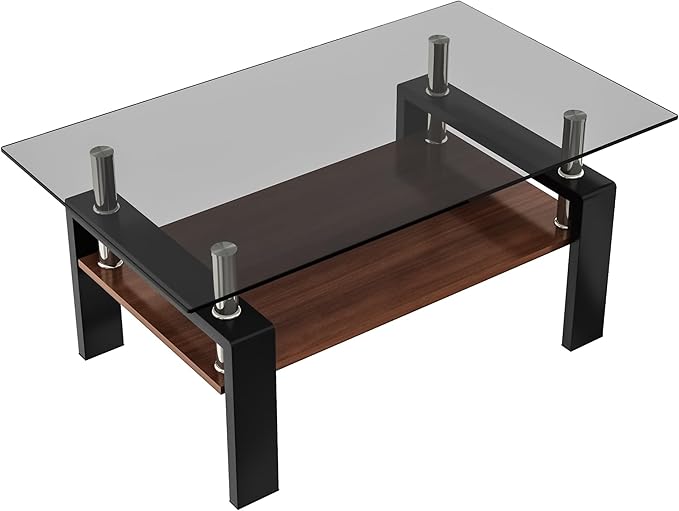 Glass Coffee Table Rectangle Living Room Center Table, with Gray Tempered Glass Tabletop and Brown MDF Layer,for Living Room and Office, Gray+Brown
