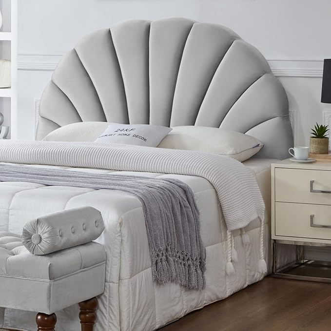 24KF Stunning Crown Design Queen Headboard, Upholstered Soft Velvet Petal Pattern Headboard Queen/Full-Q-Gray