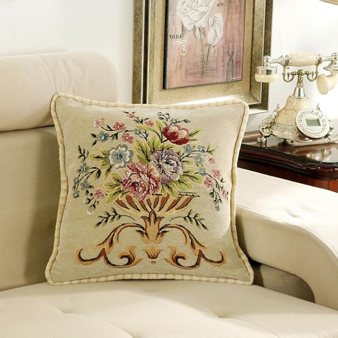 Set of 2 Beige Vintage Throw Pillows Covers 18x18in，Floral Embroidered Cushion Cover for Sofa Bedroom，Euro Sham Covers Retro Home Decor Pillows Covers