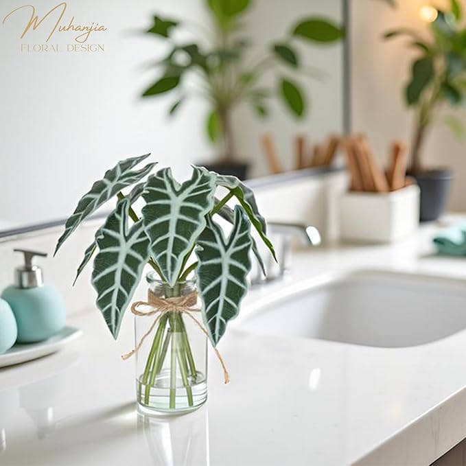 Artificial Flowers Turtle-Back, Alocasia Leaf, in Glass Vase with Faux Water,7Pcs Artificial Leaves Real Touch Latex Leaves for Centerpiece (1, Alocasia Leaf)
