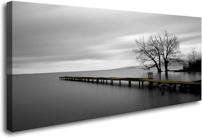 DZL Art S74950 Gray Canvas Prints Modern Minimalist Black and White Lake Trees Landscape Wall Art Painting for Living Room Bedroom Decor Office Wall Decor Home Decoration