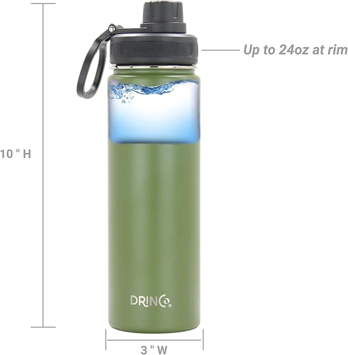 Drinco Stainless Steel Water Bottle Spout Lid Vacuum Insulated Double Wall Water Bottle Wide Mouth (40oz 32oz 22oz 18oz 14oz) Leak Proof Keeps Cold or Hot (22 oz, 22oz Forest)