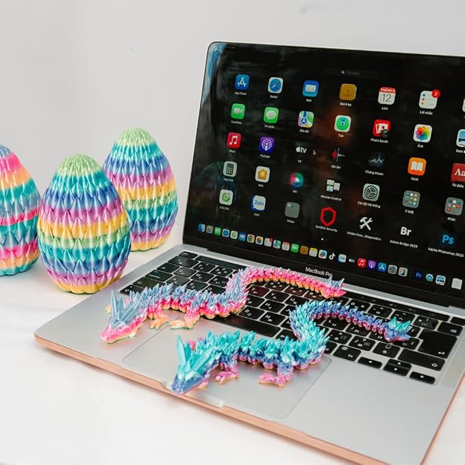 3D Printed 12” Articulated Crystal Dragon Inside 5.1” Egg – Fantasy Collectible, Fidget Toy & Stocking Easter Basket Stuffers for Home & Office Decor (Rainbow)