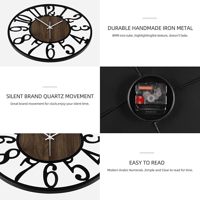 Maxstar Large Round Wall Clock for Living Room Decor Battery Operated Non Ticking Black Metal Wood Clocks for Home Living Room Garden Farmhouse Office Kitchen Decoration -24 inch