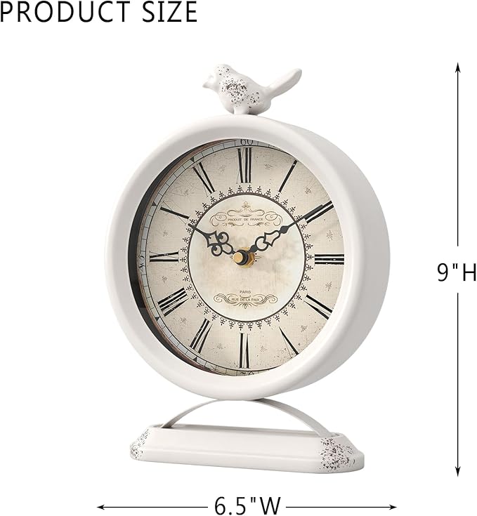 Vintage Table Clock with Bird, European Antique Style White Mantel Clocks, Desk and Shelf Decor Clock, for Farmhouse, Bedside, Living Room, Bedroom, Gift (9" H x 6.5" W)