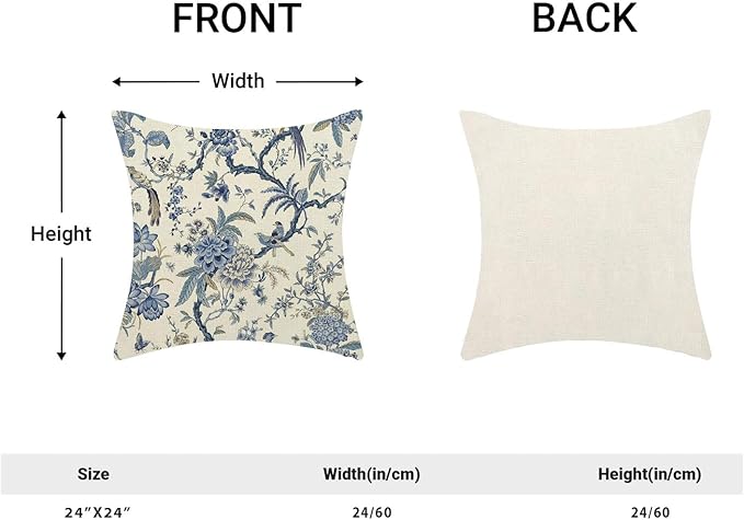 CXMEIFLY Spring Floral Birds Pillow Covers 24 x 24 Inch Set of 2 for Chinoiserie Flowers Decor Throw Pillows Blue and White Plant Outdoor Decorative Cushion Cases for Couch Bed Decorations