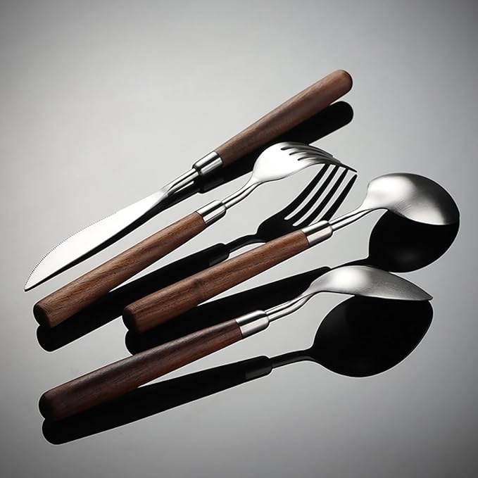 Silverware Set 12 Piece Flatware Cutlery Set Service for 3,18/10 Stainless Steel Forged Walnut Wooden Handle Matte Brushed Dishwasher Safe Premium Durable Utensil Sets for Home Kitchen Wedding