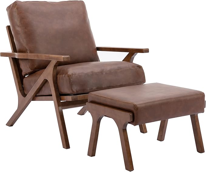 chairus Mid-Century Modern Accent Chair with Ottoman, Faux Leather Armchair with Wood Legs Comfy Upholstered Single Sofa Chair for Living Room/Bedroom/Lounge, Brown