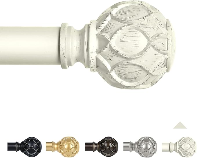 White Farmhouse Curtain Rods for Windows:72-144" Heavy Duty Adjustable Curtain Rod for Bedroom Living Room,Boho Decorative Rustic Drapery Rods with Vintage Coastal Texture Finial,Antique White