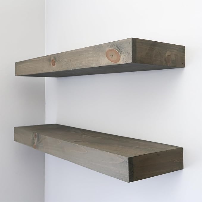 Modern Floating Shelves 3 Inches Thick for Wall, Wide Shelves for Kitchen, Living Room, Bedroom, and Bathroom, Natural Pine Wood, Rustic Wooden Shelf, (Set of 2) (Aged Barrel, 48Lx3Hx8D)