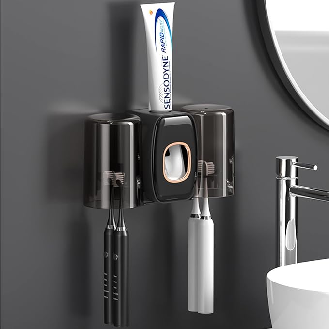 Toothbrush Holders for Bathrooms Toothbrush Holder Wall Mounted Toothpaste Dispenser for Kids Automatic Tooth Brushing Holder Bathroom Toothbrush Holder Set Shower Accessories Sets - Black