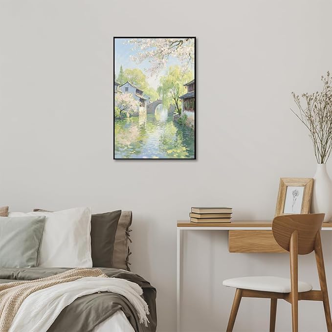 Small bridge stream house Jiangnan style landscape poster suitable for living room bedroom office natural oil painting poster