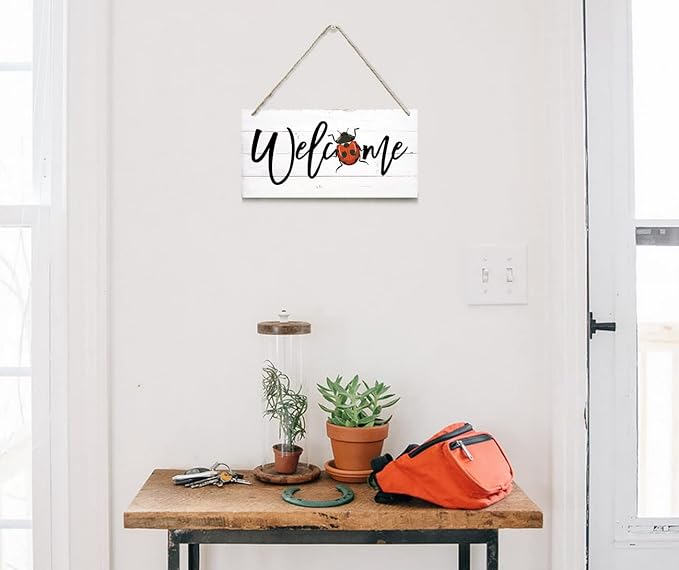 Welcome Decor Sign, Hanging Wood Sign Home Decorative, Printed Wood Wall Art Sign, Ladybug Welcome Sign, Door Sign, Front Door Wall Art Decor, Welcome Sign for Home Farmhouse Yard Garden 12 * 6inch