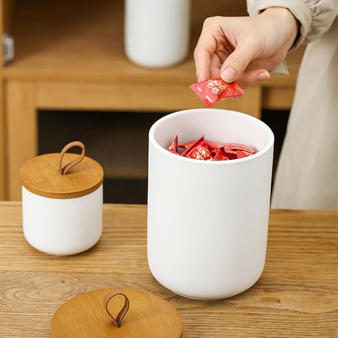 YYW Kitchen Canister Set for Countertop Set of 3, 9/28/45 oz Ceramic Food Storage Containers with Airtight Wood Lids, Food Saver Jars for Coffee, Tea, Candy, Flour(Three-piece suit in white)