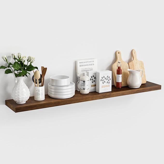 Walnut Floating Shelves for Wall 48 Inch, 8 in Deep Single Wood Shelf Floating Rustic Farmhouse Decor, Heavy Duty Shelf Hold 100 lbs, Wall Shelves for Bathroom Living Room Kitchen Bedroom Office