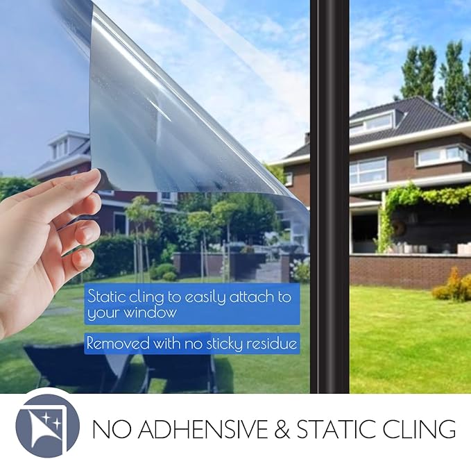 HIDBEA One Way Window Film Daytime Privacy, Heat Control UV Blocking Reflective Mirror Window Tint for Home, Non-Adhesive Self Static Cling Window Stickers (Blue-Silver, 35.4 Inch x 8.2 Feet)