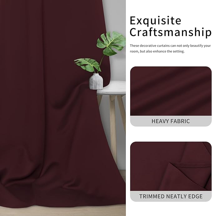 Easy-Going Blackout Curtains for Bedroom, Solid Thermal Insulated Grommet and Noise Reduction Window Drapes, Room Darkening Curtains for Living Room, 2 Panels (42x95 in, Wine)