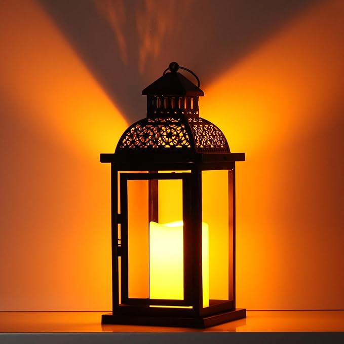 NEEDOMO Lanterns Decorative Indoor & Outdoor, 15'' Lantern with LED Candle, Vintage Metal Hanging Lanterns for Patio, Front Porch,Yard, Table, Spring (NO Glass)