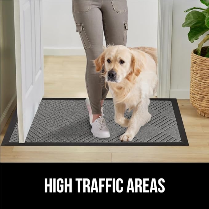 GORILLA GRIP 100% Waterproof All-Season WeatherMax Doormat US Designed Natural Rubber, Stain and Fade Resistant, Low Profile Indoor Outdoor Door Mats, Easy Clean Patio Mat, 17x29, Steel Diamond