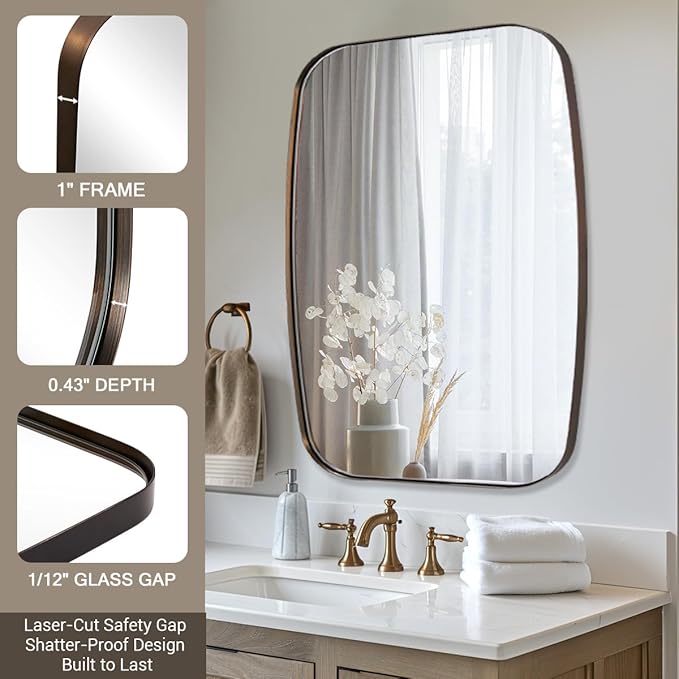 ANDY STAR Brushed Bronze Mirror, 28x36 Inch Stainless Steel Metal Frame Oblong Bathroom Mirror for Vanity, 1’’ Deep Wall Mounted Vertically/Horizontal
