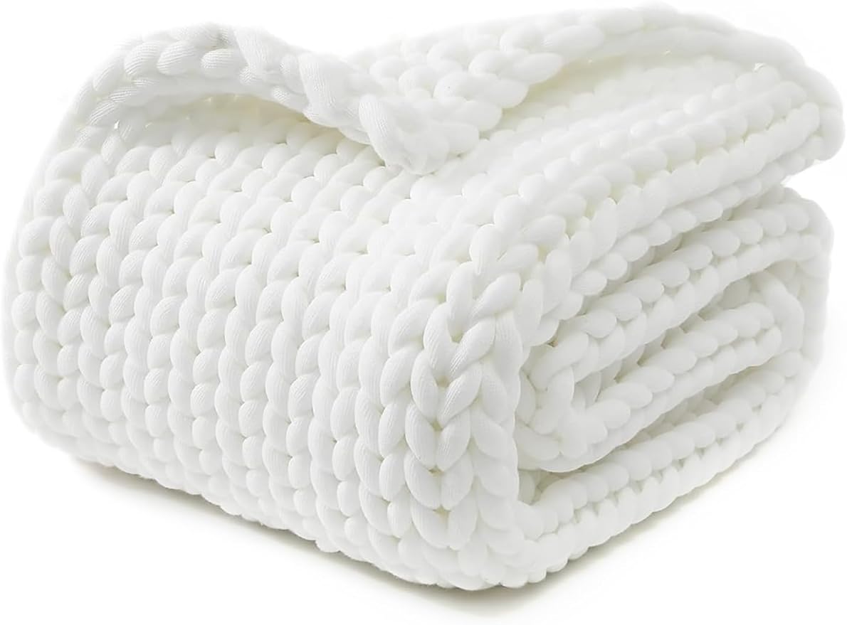 YnM Chunky Throw Blanket, Medium-Weight, Hand Knitted, Skin Friendly, Ventilated and Breathable, Machine Washable, Home Décor Piece for Couch, Sofa and Bed (White, 40x50 Inch)