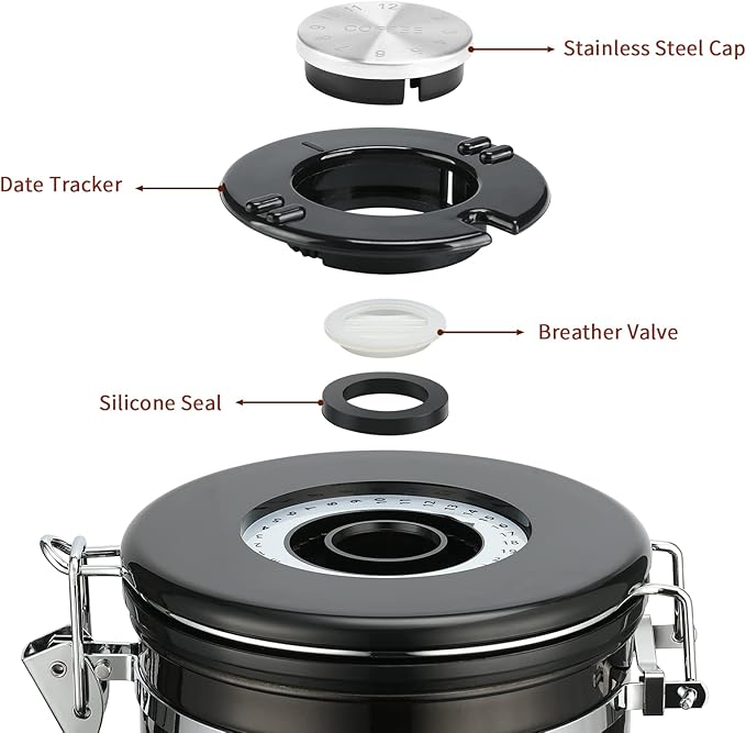 malmo Coffee Canister, Airtight Coffee Container with Date Tracker Lid, Stainless Steel Canister for Kitchen Food Storage (Black-Copper, 12oz)