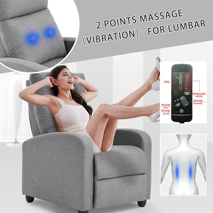 BestMassage | Recliner Chair | with 2 Point Massage Function | Textile Grey | with Lumbar Support, Adjustable Push Back, Footrest & Padded Seat | Easy Assembly | for Living Room, Home Theatre