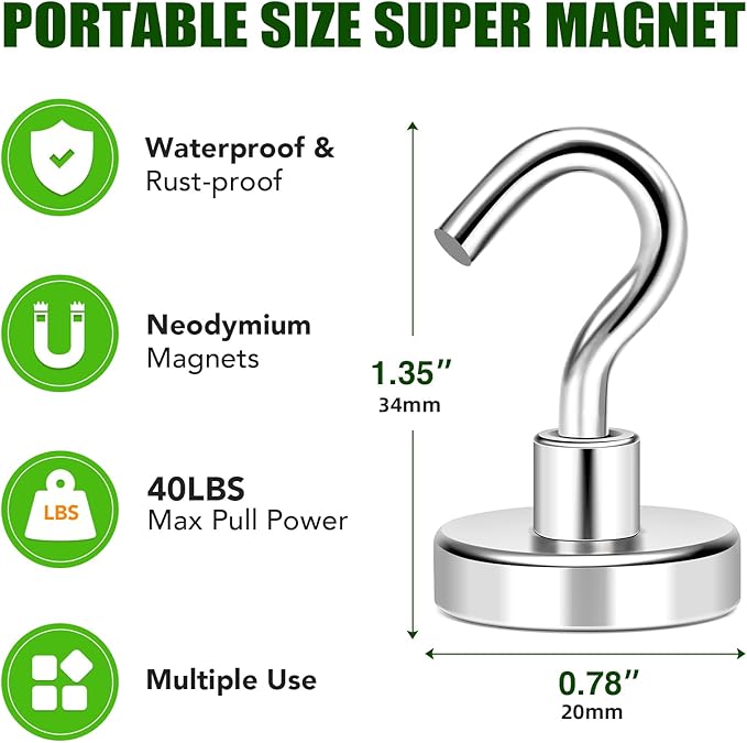 MIKEDE Magnetic Hooks Heavy Duty, 40lbs Earth Magnets with Hooks for Refrigerator, Strong Magnets with Rust Proof Metal Hooks for Cruise Cabins, Classroom, Outdoor - Pack of 20