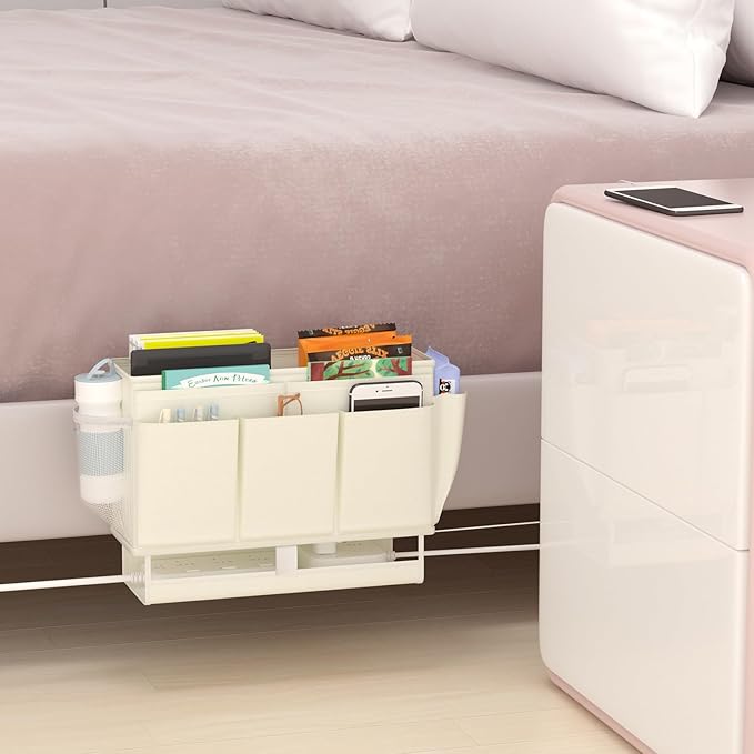 Bedside Caddy, Bed Organizer with 11 Pockets and Power Strip Holder,Versatile Bedside Storage Caddy for Home,Dorm,Bunk,Hospital,Crib Bed (2 Pack White)