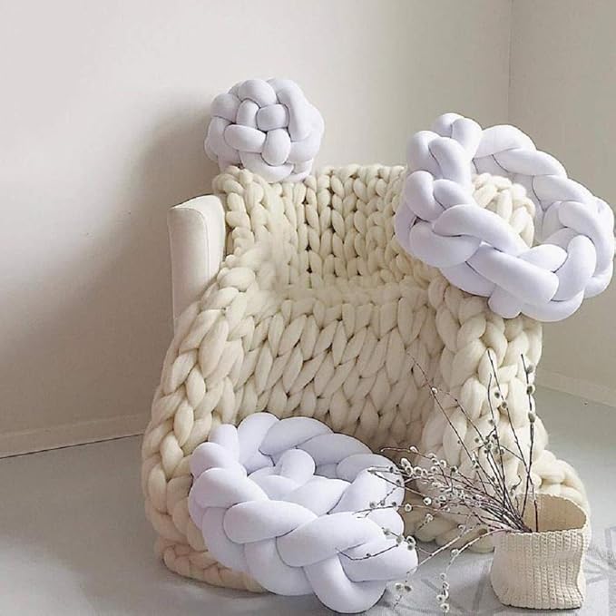 Chunky Knit Blanket Hand Made Merino Wool Throw Boho Bedroom Sofa Home Decor Giant Yarn(Ivory White 47"x71")
