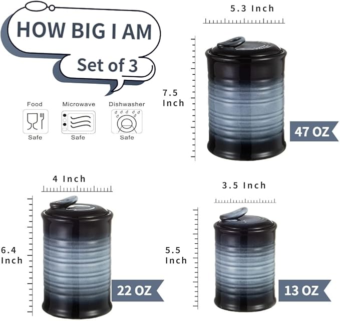 Nihow Ceramic Food Storage Jar Sets: Container with Air Tight Ceramic Lid for Flour/Sugar/Rice/Coffee/Cookies/Candy - Seal Damp-proof Canister for The Kitchen - Set of 3 （Gray）