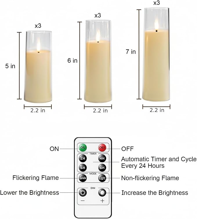 Homemory Ivory Acrylic Flameless LED Candles, Battery Operated with Remote Control and Timer, Electric Fake Candles for Wedding, Home Decor, Set of 9