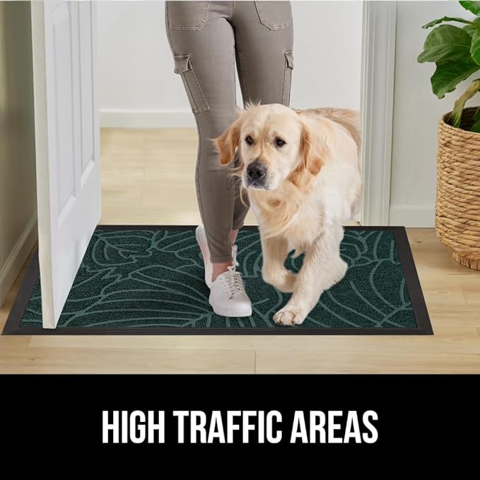GORILLA GRIP 100% Waterproof All-Season WeatherMax Doormat, 34x58, US Designed Natural Rubber, Stain and Fade Resistant, Low Profile Indoor Outdoor Door Mats, Easy Clean Patio Mat, Green Palm