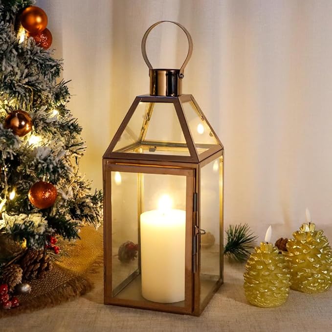 JHY Design Rose Gold Decorative Lanterns 16 inch High Stainless Steel Candle Lanterns with Tempered Glass for Indoor Outdoor Events Parities and Weddings