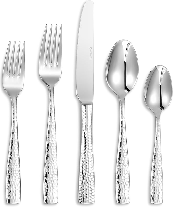 KEAWELL Premium 20/45/65 Piece Louis Hammered Silverware Set with Squared Edge, 18/10 Stainless Steel, Service for 4/8/12, Fine Flatware Set, Dishwasher Safe (65)