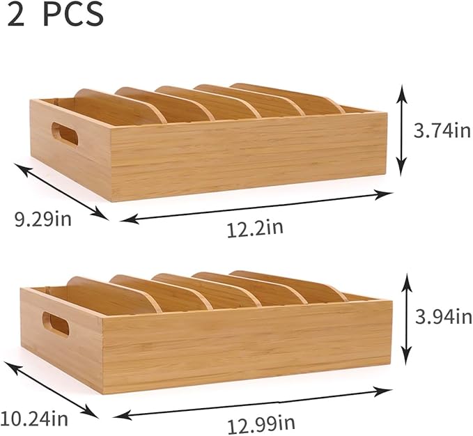 2 Pack Bamboo Lid Holder Food Container, Kitchen Organizer with 5 Adjustable Dividers, Cabinet Organizer for Food, Kitchen Gadget, Container Lids
