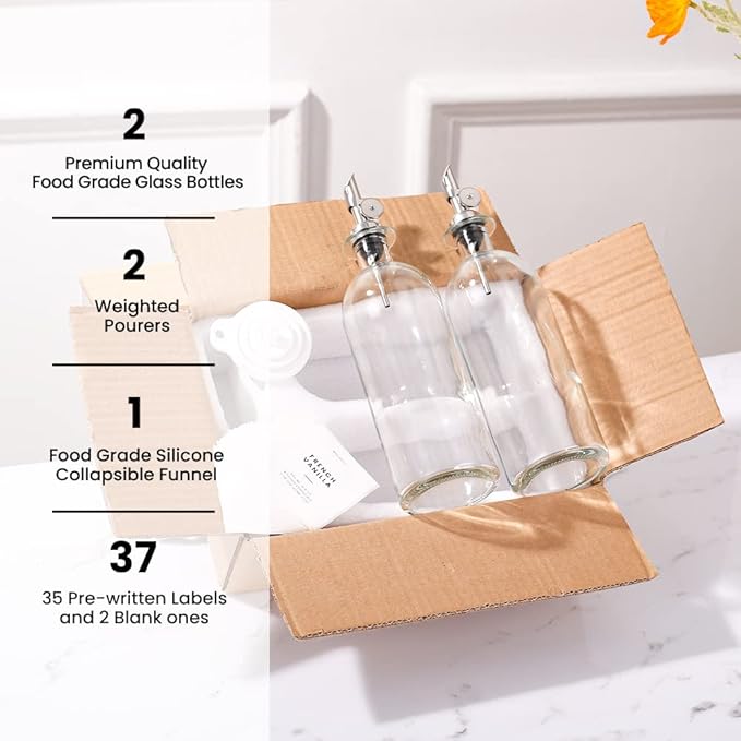 Molimoli Oil and Vinegar Dispenser with Metal Pour Spout, Weighted Pourer, Glass Bottle Dispenser for Kitchen, Olive Oil Cruet, Glass Olive Oil Bottle | 500ml, Set of 2