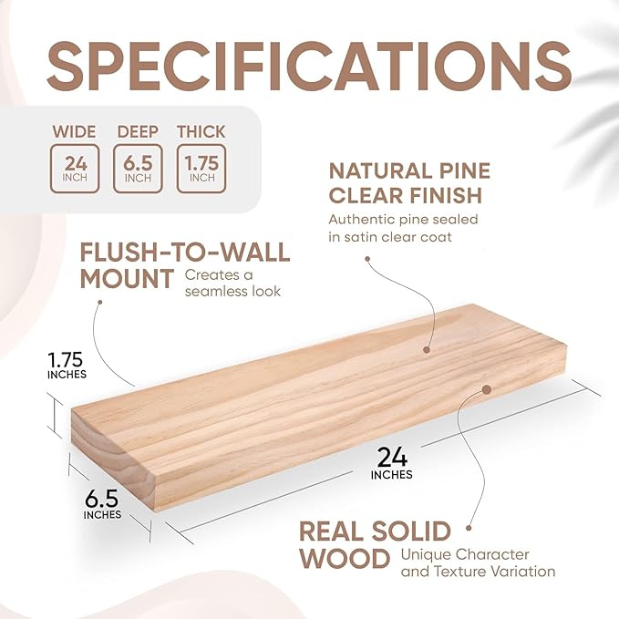 Homeforia 24 inch Natural Floating Shelf, High End Solid Real Wood 24inch Small Floating Shelves for Wall Mounted, Natural Wooden Floating Shelves, Heavy Duty Bracket, 24 X 6.5 X 1.75 in, Set of 4
