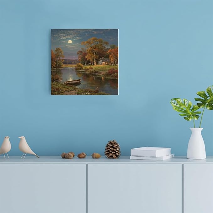 Small house by the stream under the moonlight tranquil style suitable for living room bedroom and office landscape poster wall art