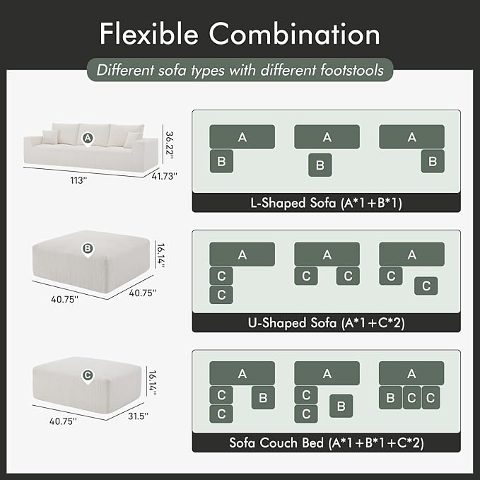 Boneless Sectional Cloud Couch Sofa Bed for Living Room, 112" Modular Modern Lounge 3 Seater Sleeper Beige Couches with Chaise, No Assemble, Cordury Compression Upholstered Sofas