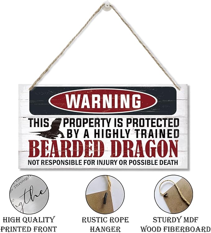 Funny Warning Signs, The Property is Protected By Highly Trained Bearded Dragon Sign, Decorative Wood Hanging Wood Plaque, Warning Wood Sign for Indoor Outdoor Use, Door Gate Hanger, House Decor