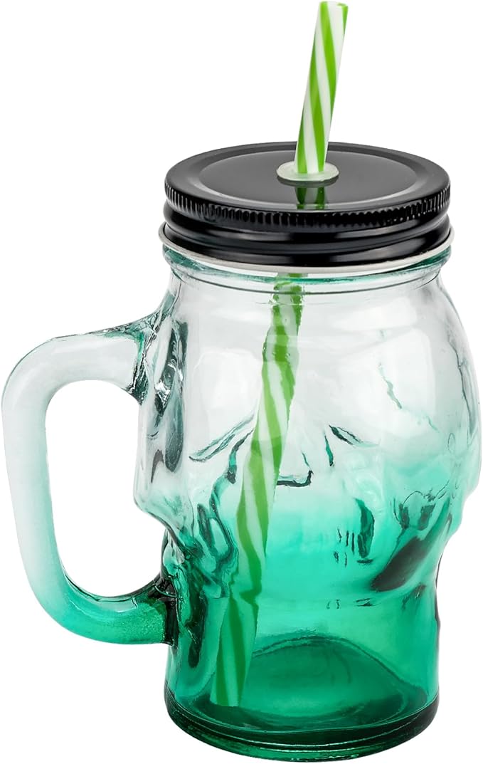 Halloween Cups Set of 4 - Green Skull Glass Drinking Jar with Lids and Straws - Halloween Decor, Drinking Glasses 16 oz