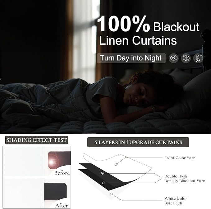 104 Inch Long Curtains White Linen Black Out Back Tab Pleated Blackout Curtain for Living Room Bedroom Teen Girls Thick Linen Lightweight Heat Draft Blocking Window Drapes Office Custom Length 2 Panel